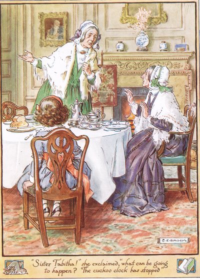 カッコウ時計が停止しました。イラストは、1930年にマクミランから出版された、モレスワース夫人による「The Cuckoo Clock」のイラストです。 作： Charles Edmund Brock